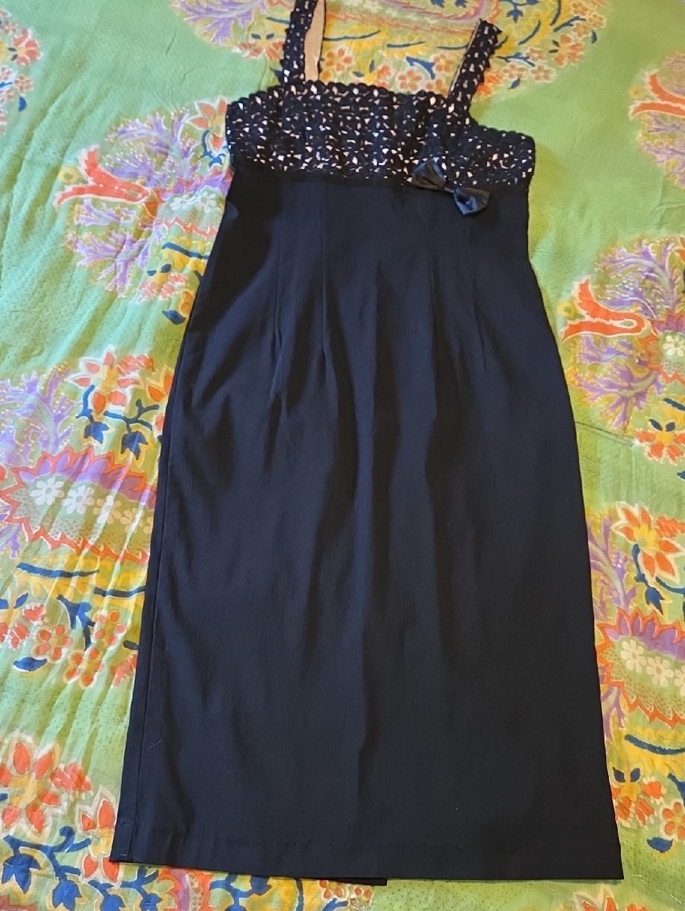 Black Midi Dress with Printed Bodice and Bow Detail